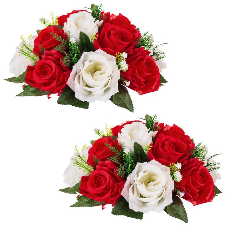 NUPTIO Flower Centerpieces for Wedding Tables: Red & White Artificial Flower Ball Arrangement for Christmas Thanksgiving Party - 2 Pcs Fake Floral Rose for Bridal Shower Decor - Image 1